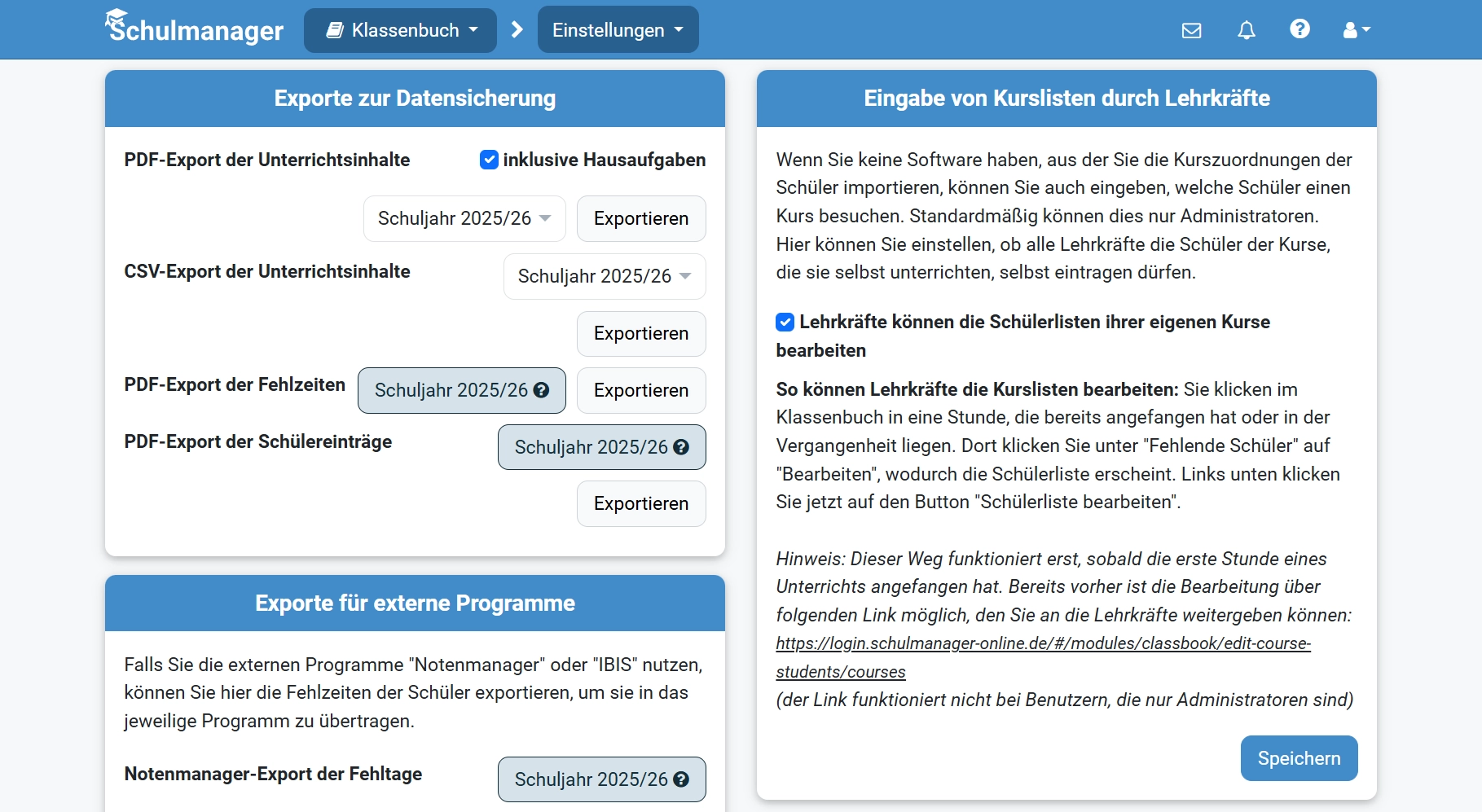 Exporte zur Datensicherung im Modul Klassenbuch