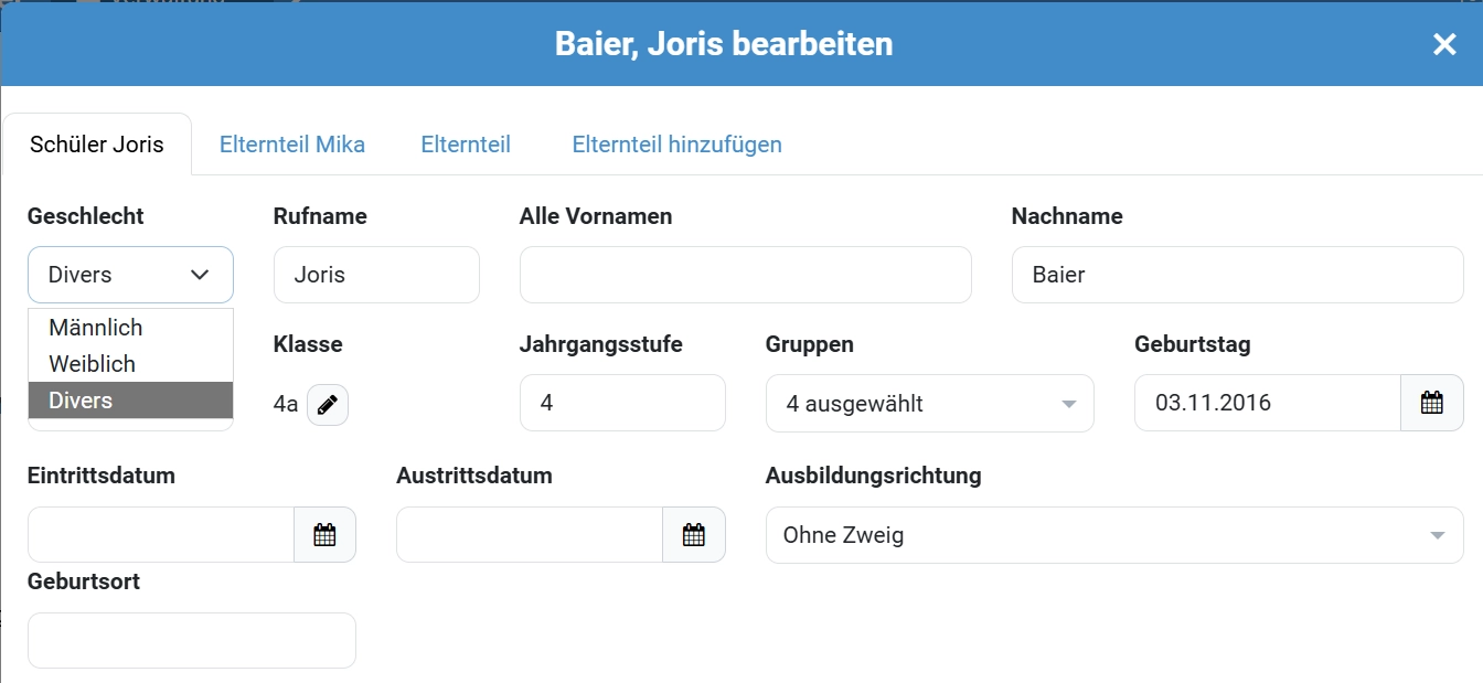 Bearbeitung von Schülerdaten in der Verwaltung