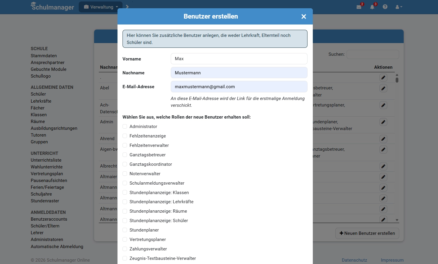 Benutzerrollen im Schulmanager