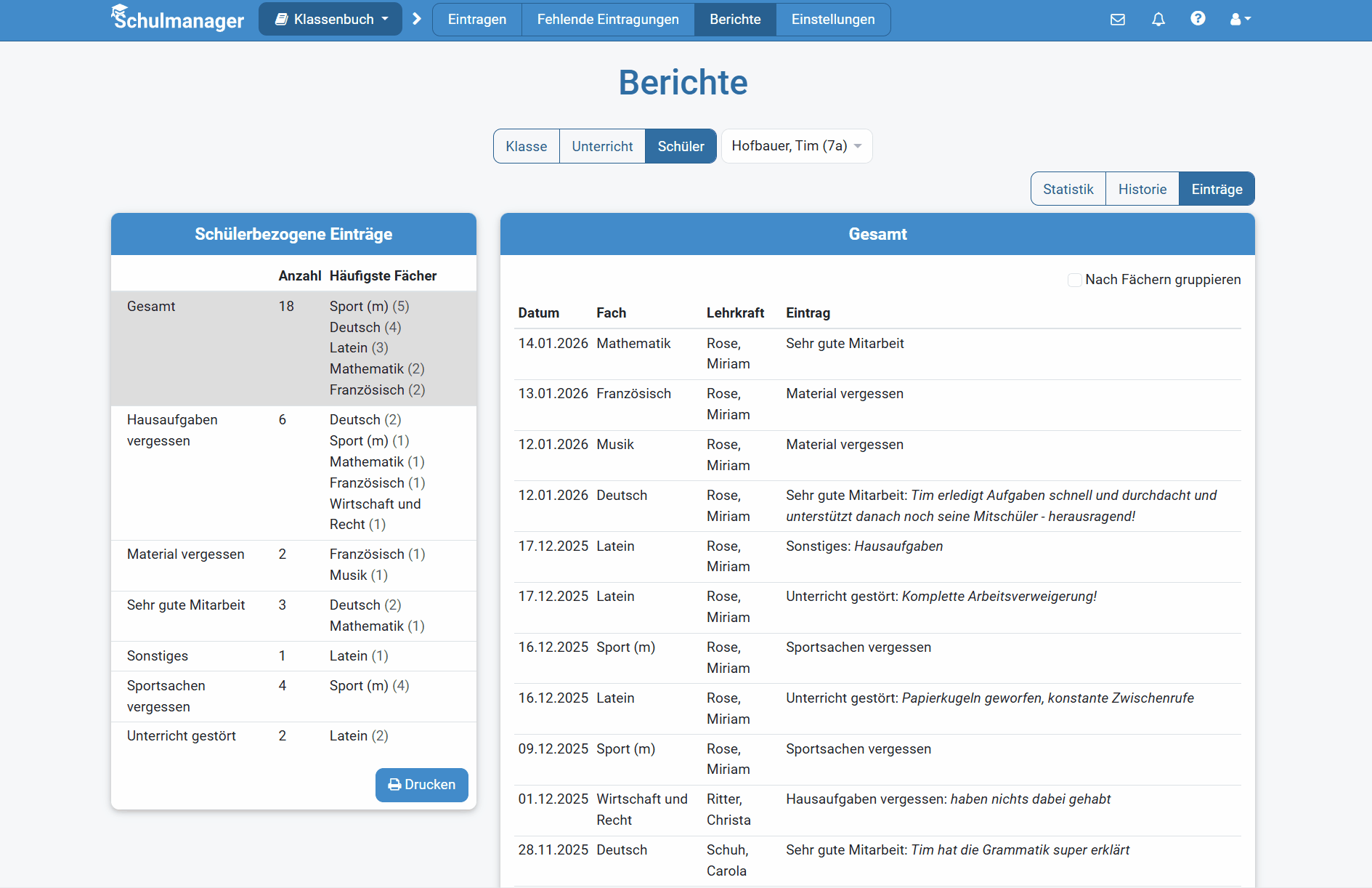 Übersicht zu schülerbezogenen Einträgen im Bereich Berichte