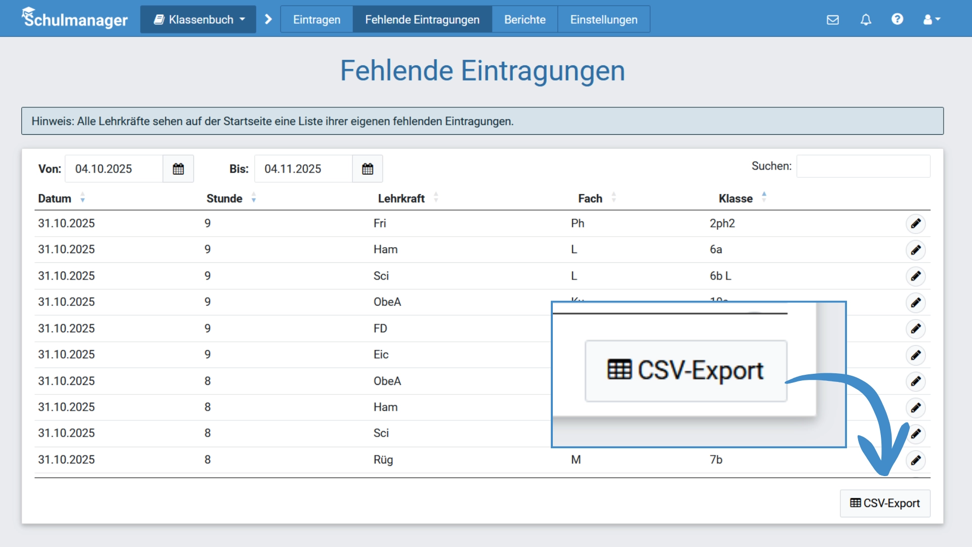 Klassenbuch: CSV-Export fehlender Eintragungen