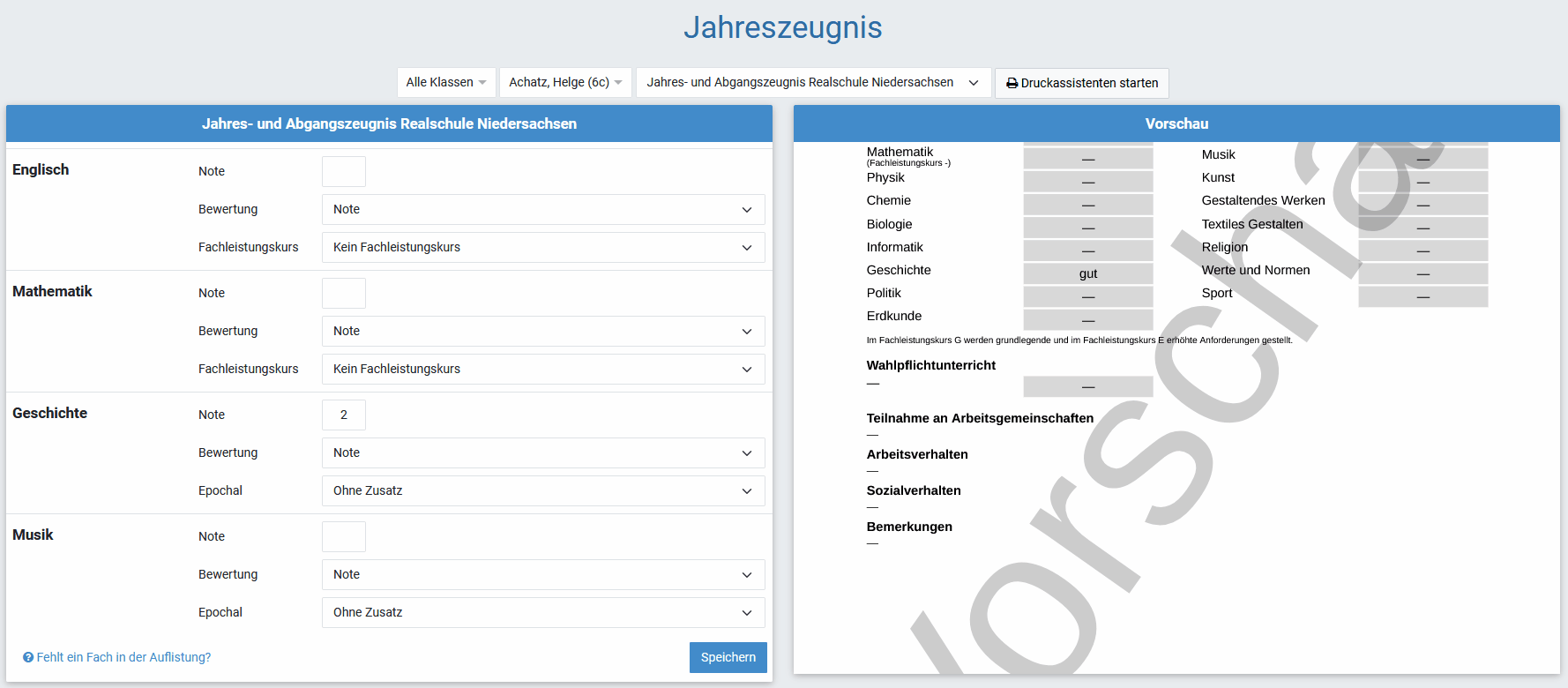Epochalen Unterricht im Zeugnis kennzeichnen