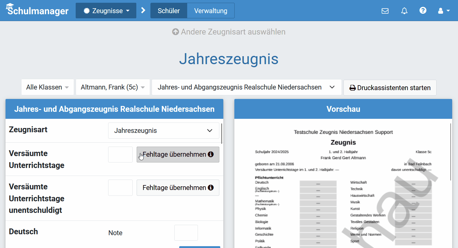 Fehltage im Modul Zeugnisse automatisch übernehmen