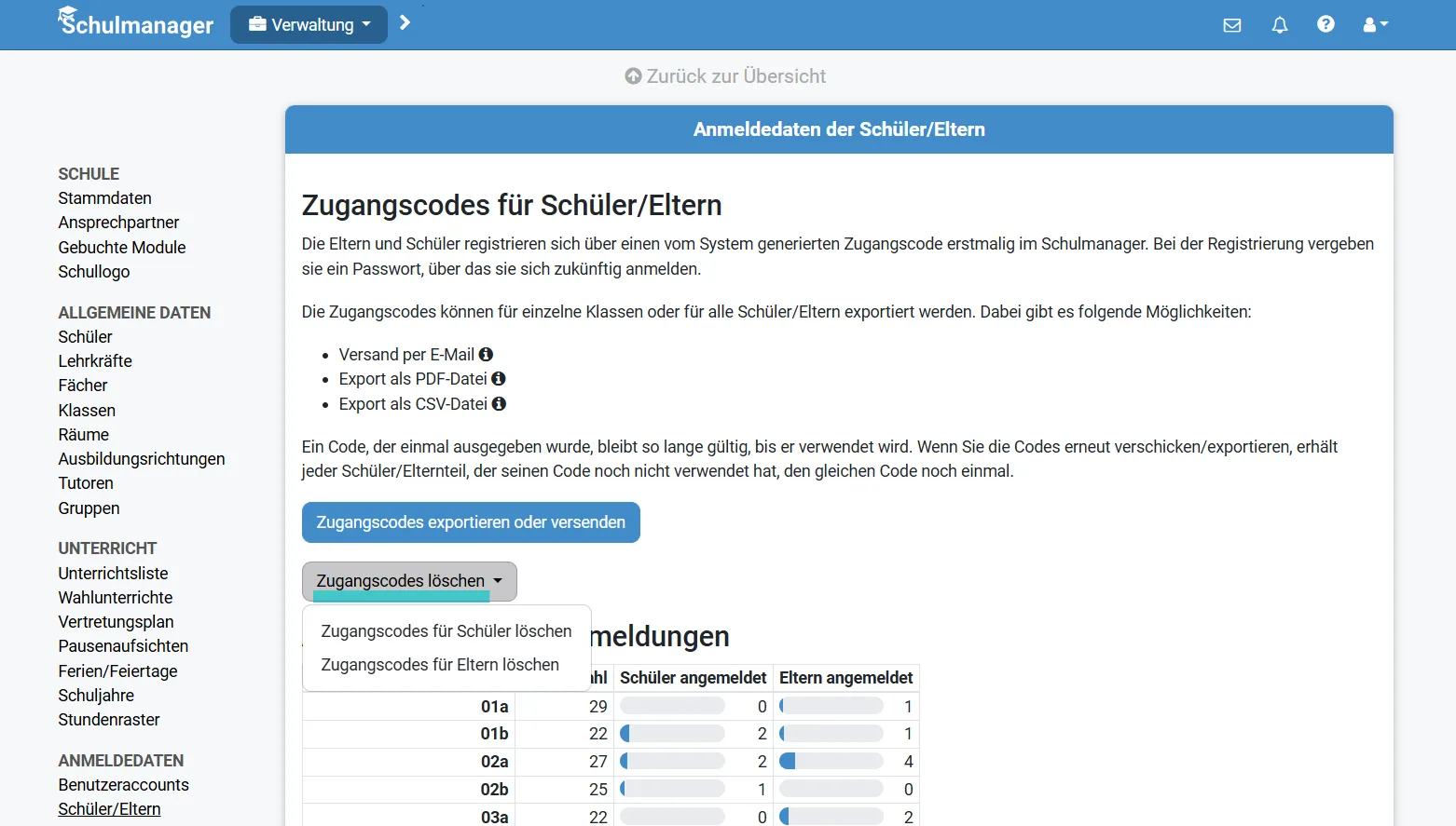 Zugangscodes für Schüler/Eltern löschen