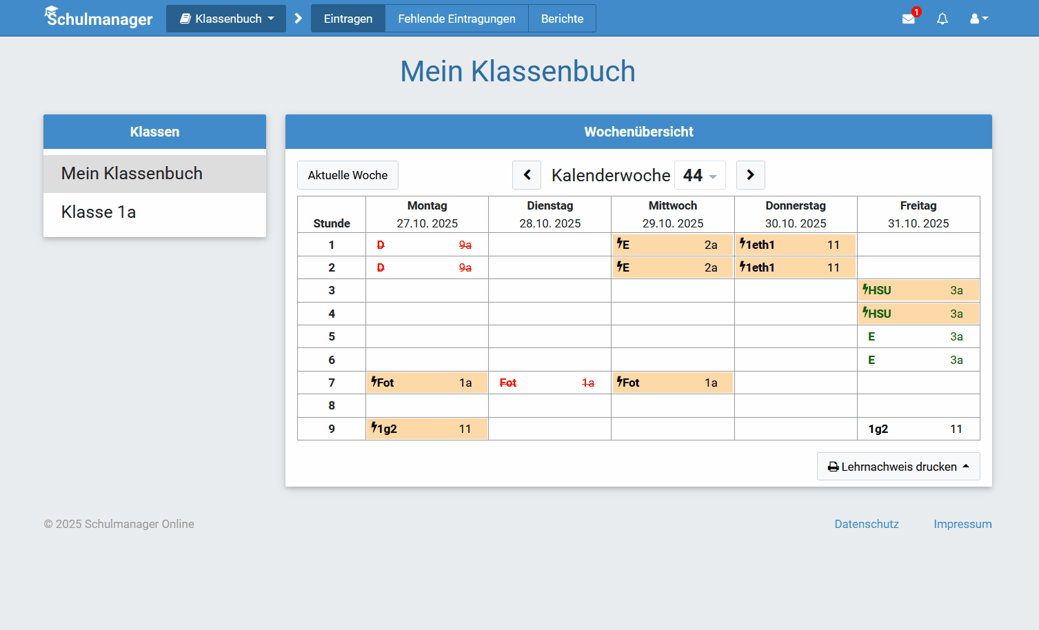 Ansicht für Vertretungslehrer im Klassenbuch