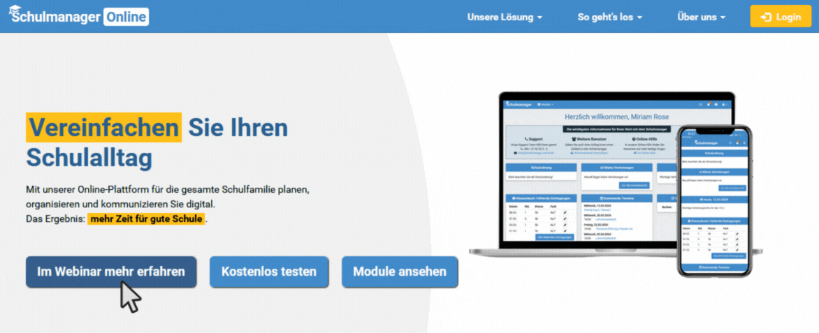 Übersicht der Website von Schulmanager Online mit Hinweis auf die Webinare