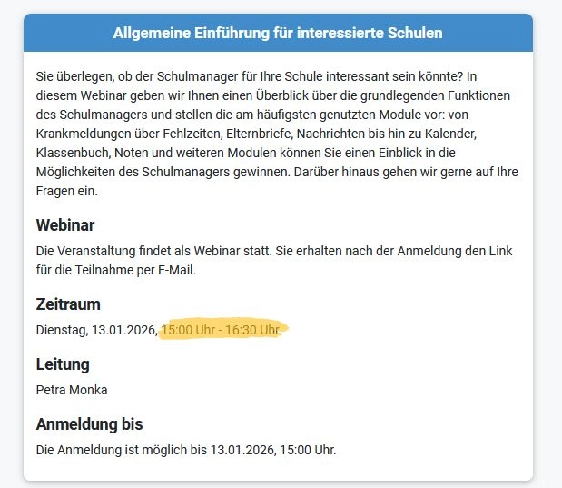 Screenshot von der Webinar Detailseite. Zu sehen ist der Beschreibungstext zum Webinar "Allgemeine Einführung für interessierte Schulen", sowie Details zu Uhrzeit des Termins und Anmeldefrist