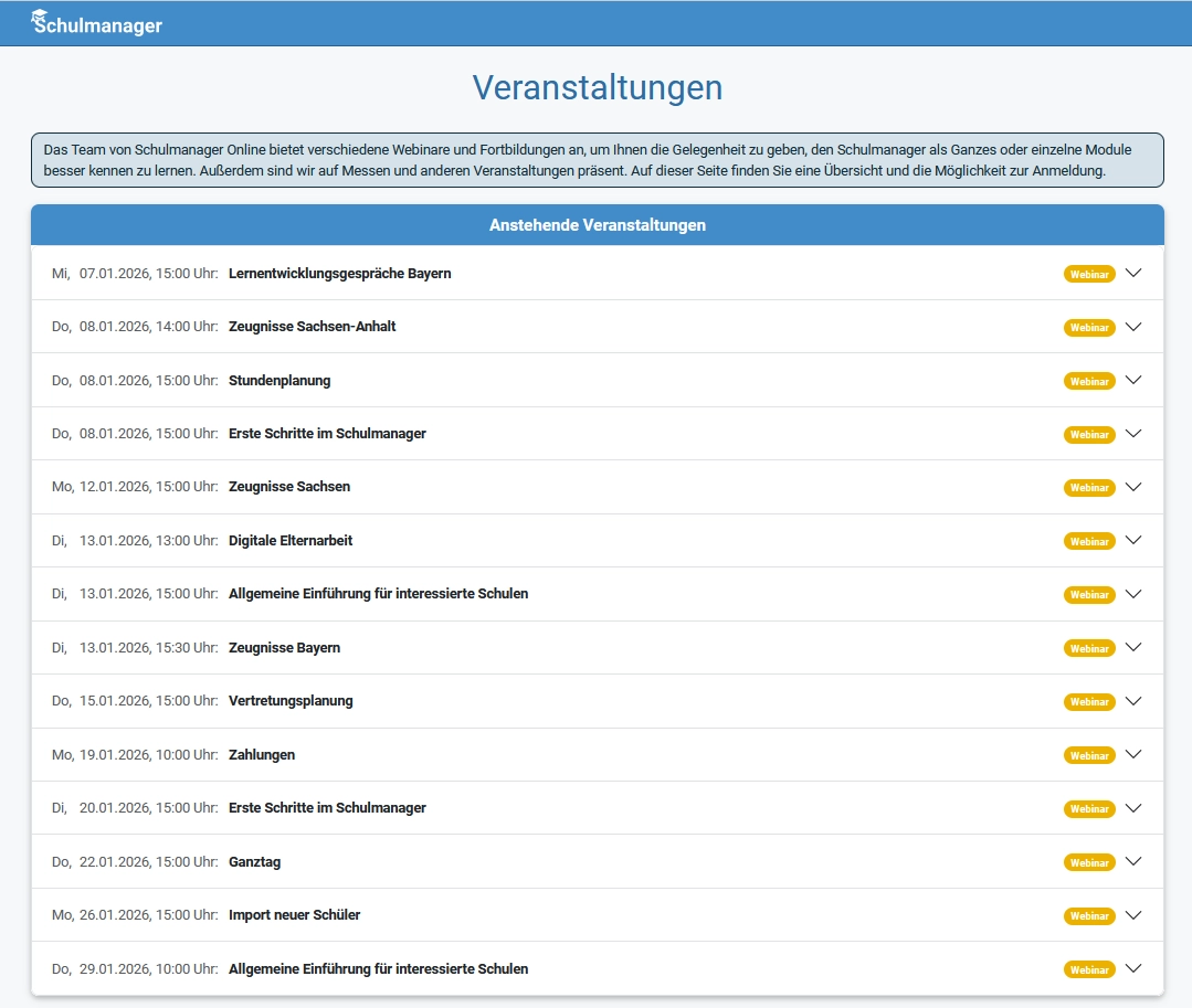 Screenshot der Website Schulmanager-Online mit der Übersicht aller Veranstaltungstermine. Es ist eine Auflistung aller aktuellen Webinar-Termine im Januar 2026 zu sehen.