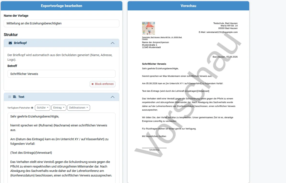 Exportvorlage bearbeiten im Modul Schülerakte