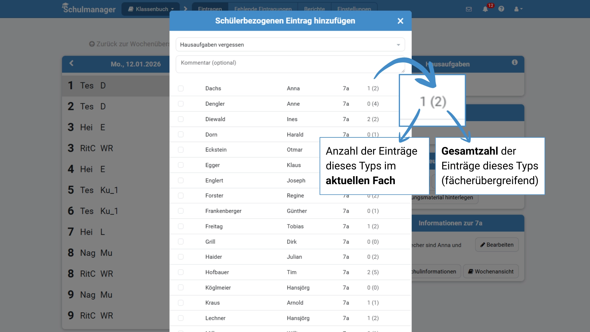 Anzahl an schülerbezogenen Einträgen für Lehrkräfte sichtbar machen