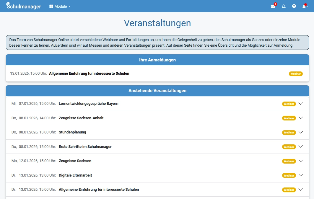 Screenshot der Website Schulmanager Online mit eingeloggtem Nutzer. Zu sehen ist der Unterbereich Veranstaltungen; dort ist neben anstehenden Veranstaltungen auch ein Bereich mit "Ihre Anmeldungen" zu sehen.