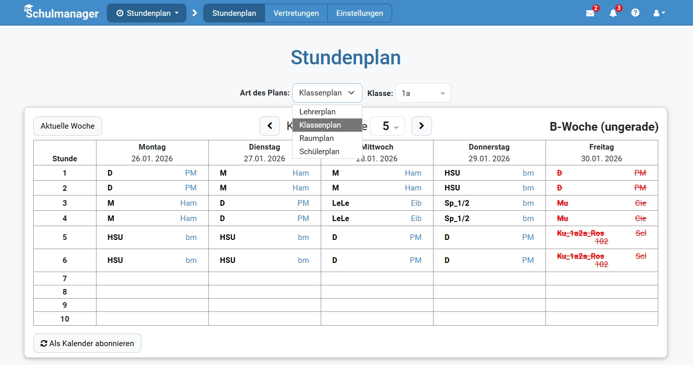 Übersicht Stundenplan einer Klasse im Schulmanager