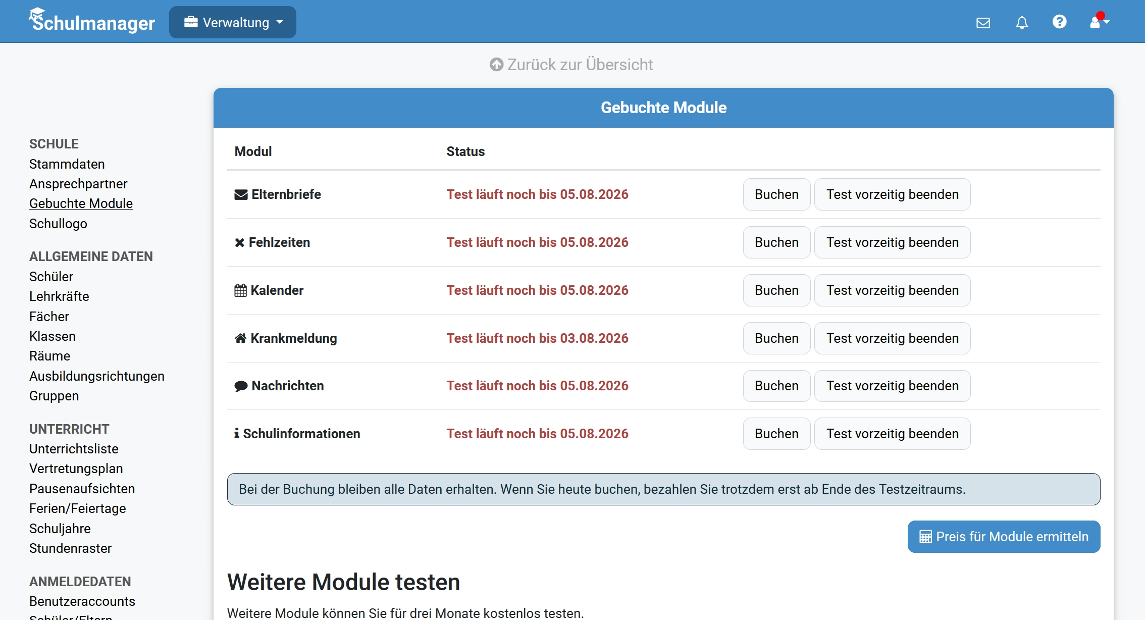 Verwaltungsübersicht in Schulmanager Online: Module testen und buchen