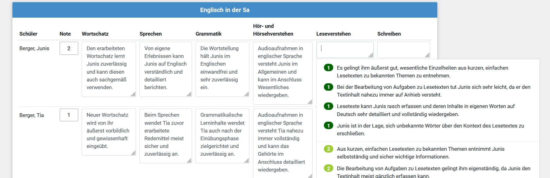 Übersicht Noteneingabe Modul Zeugnisse im Schulmanager