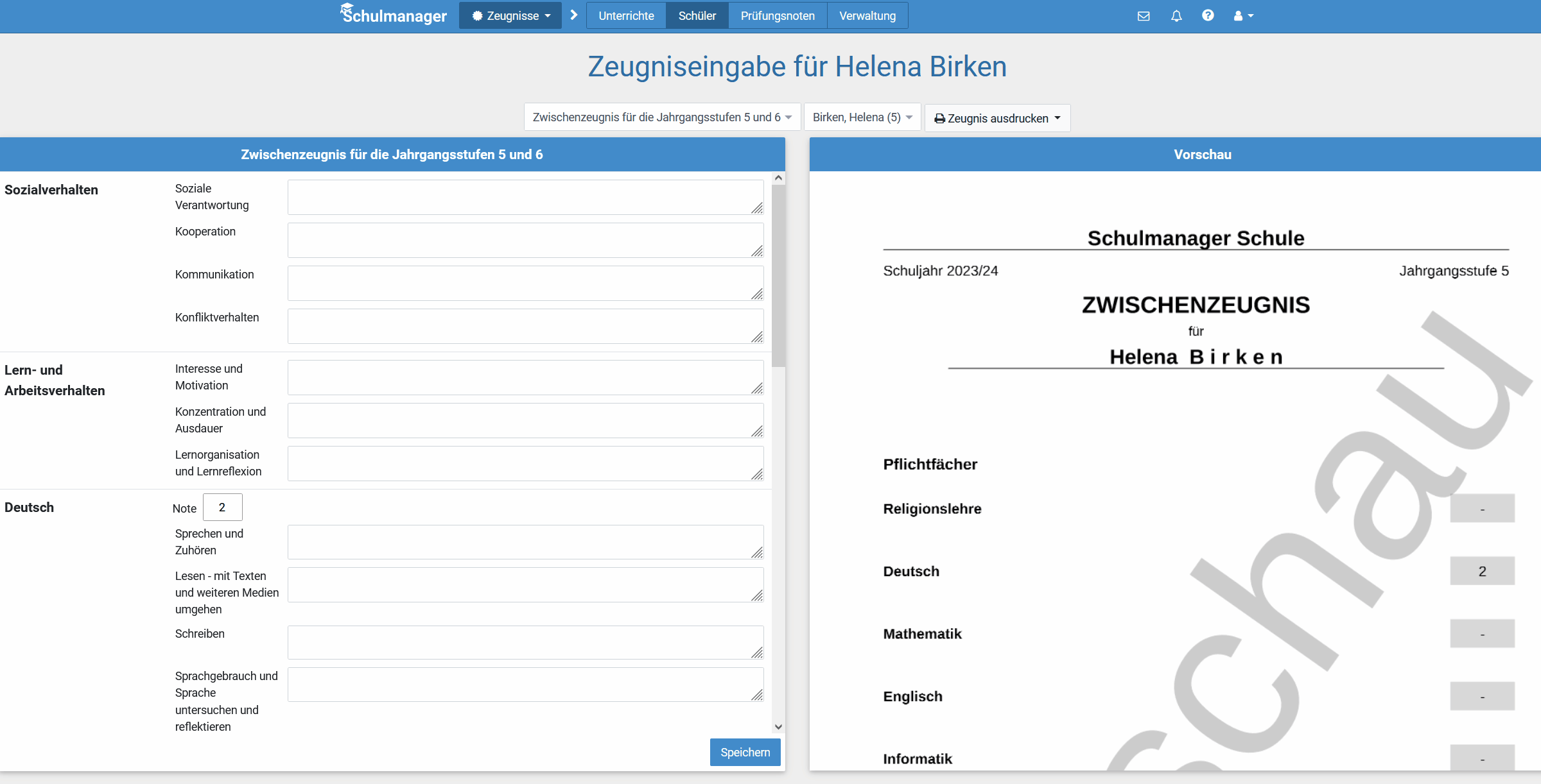 Übersicht im Schulmanager zur Zeugniserstellung