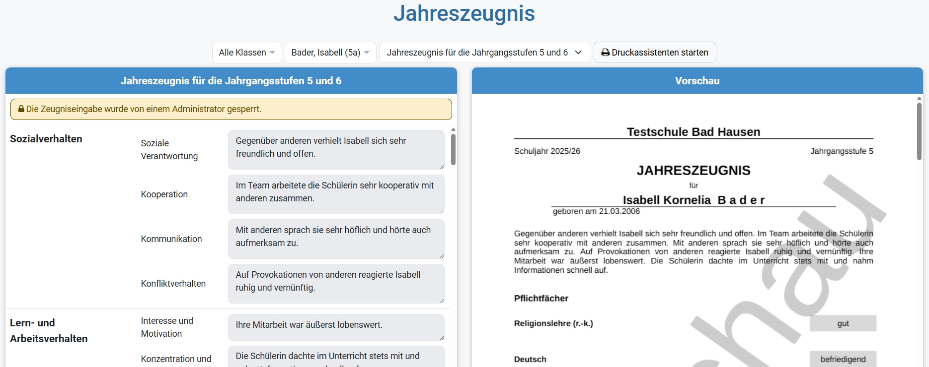 Für Lehrkräfte gesperrte Zeugniseingabe