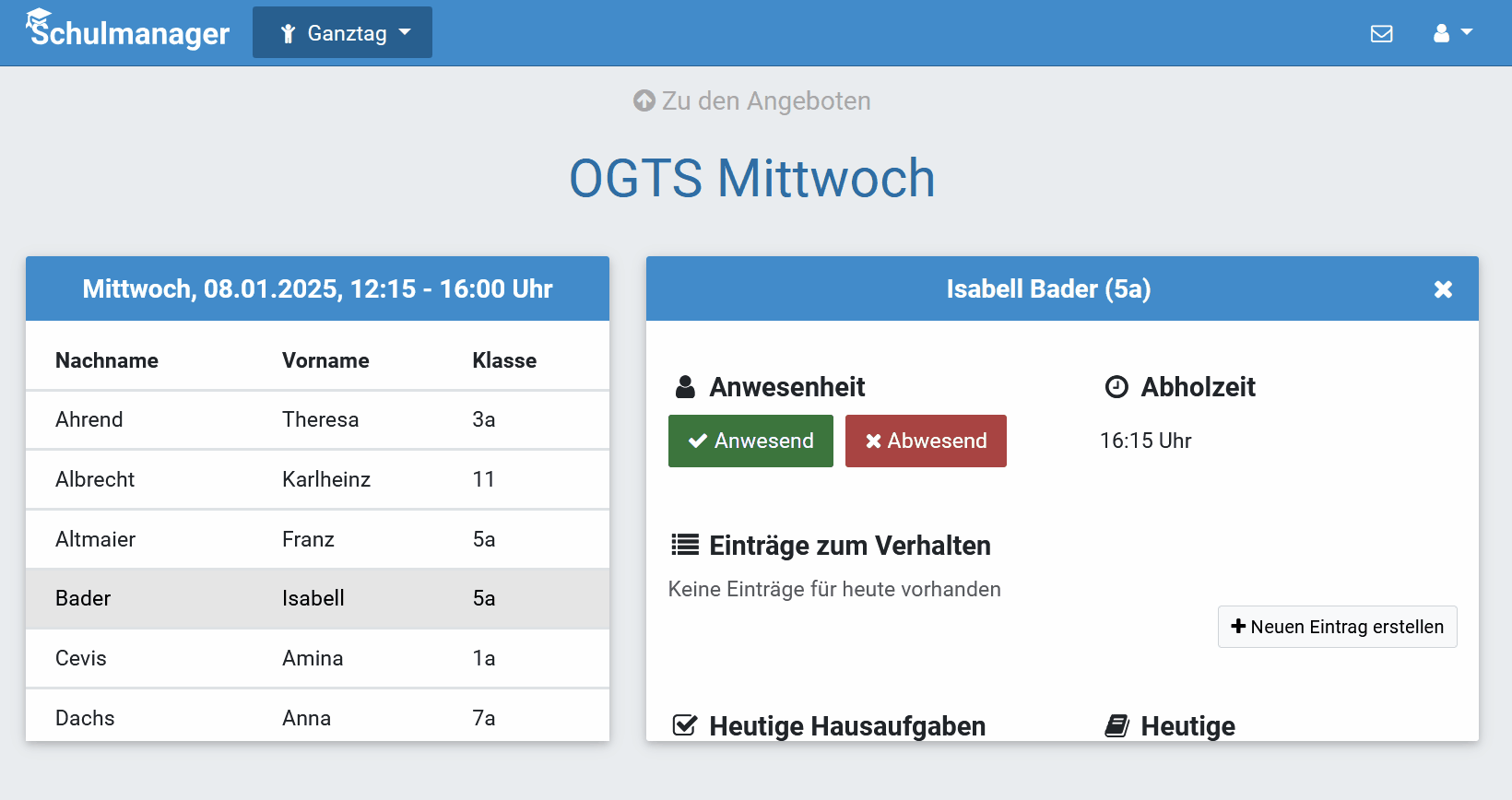 Übersicht zum Schüler